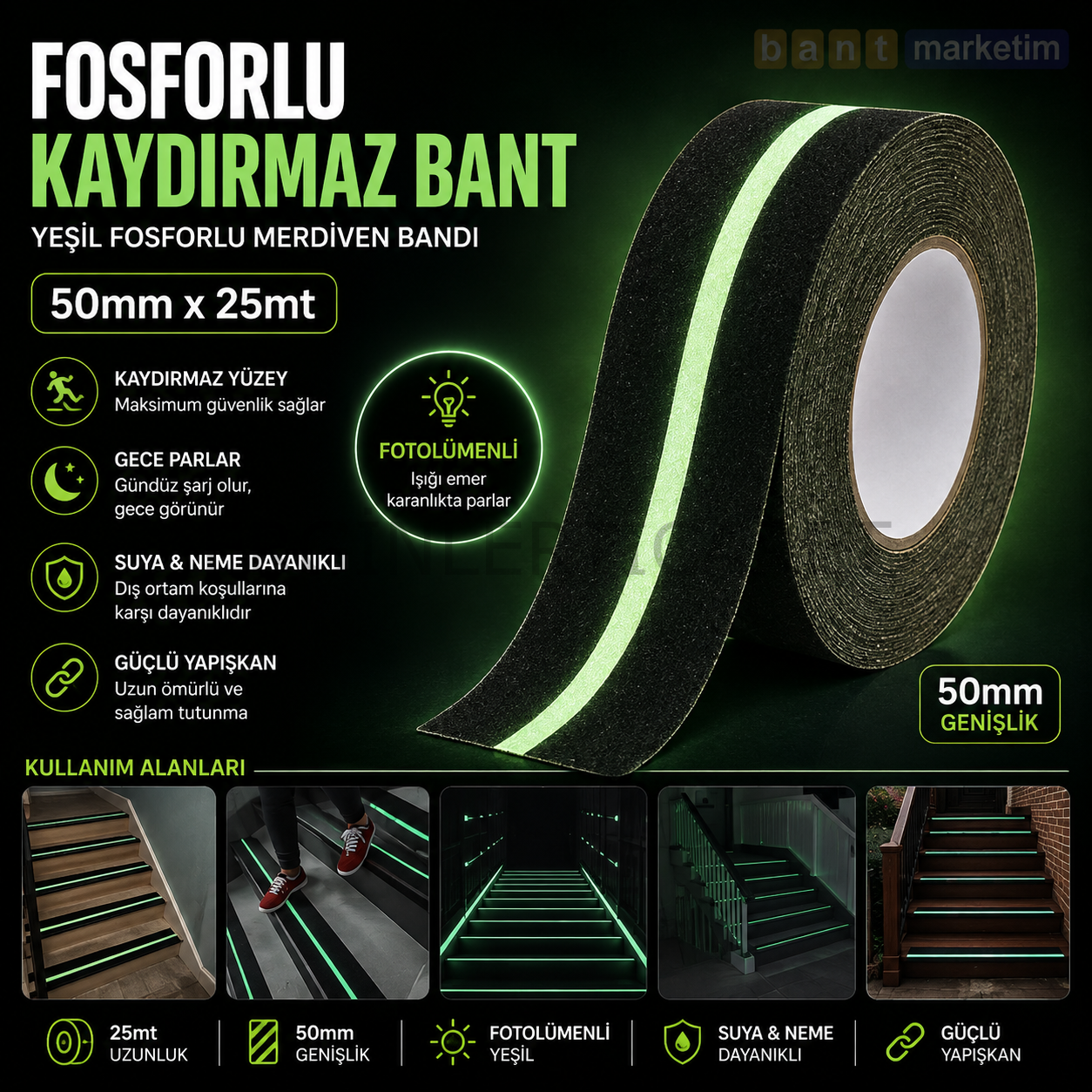 Fosforlu Kaydırmaz Merdiven Bandı 50mm x 25mt – Yeşil Fotolümenli Gece Parlayan Kaymaz Bant