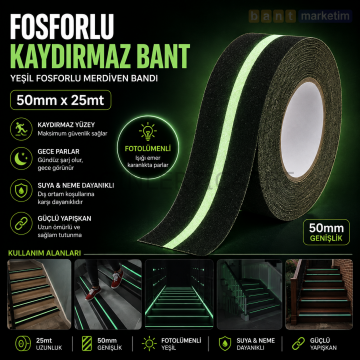 Fosforlu Kaydırmaz Merdiven Bandı 50mm x 25mt – Yeşil Fotolümenli Gece Parlayan Kaymaz Bant
