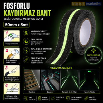 Fosforlu Kaydırmaz Merdiven Bandı 50mm x 5mt – Yeşil Fotolümenli Gece Parlayan Kaymaz Bant