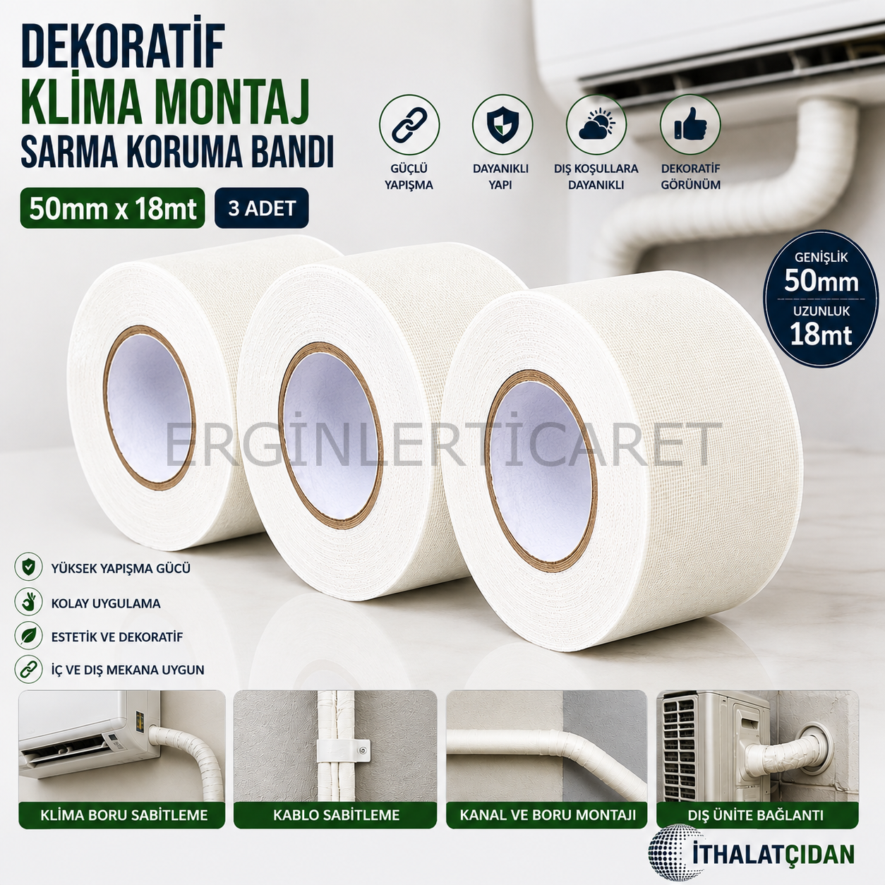 Dekoratif Klima Montaj Sarma Koruma Bandı 50mmx18mt (3 adet)