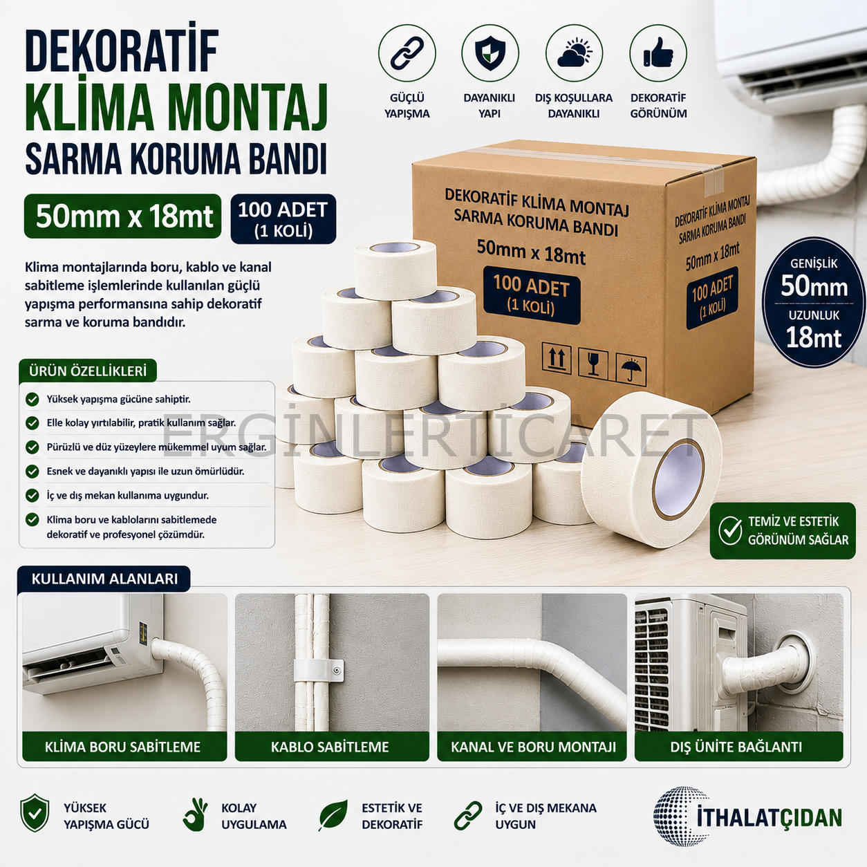 Dekoratif Klima Montaj Sarma Koruma Bandı 50mm x 18mt – 100 Adet 1 Koli