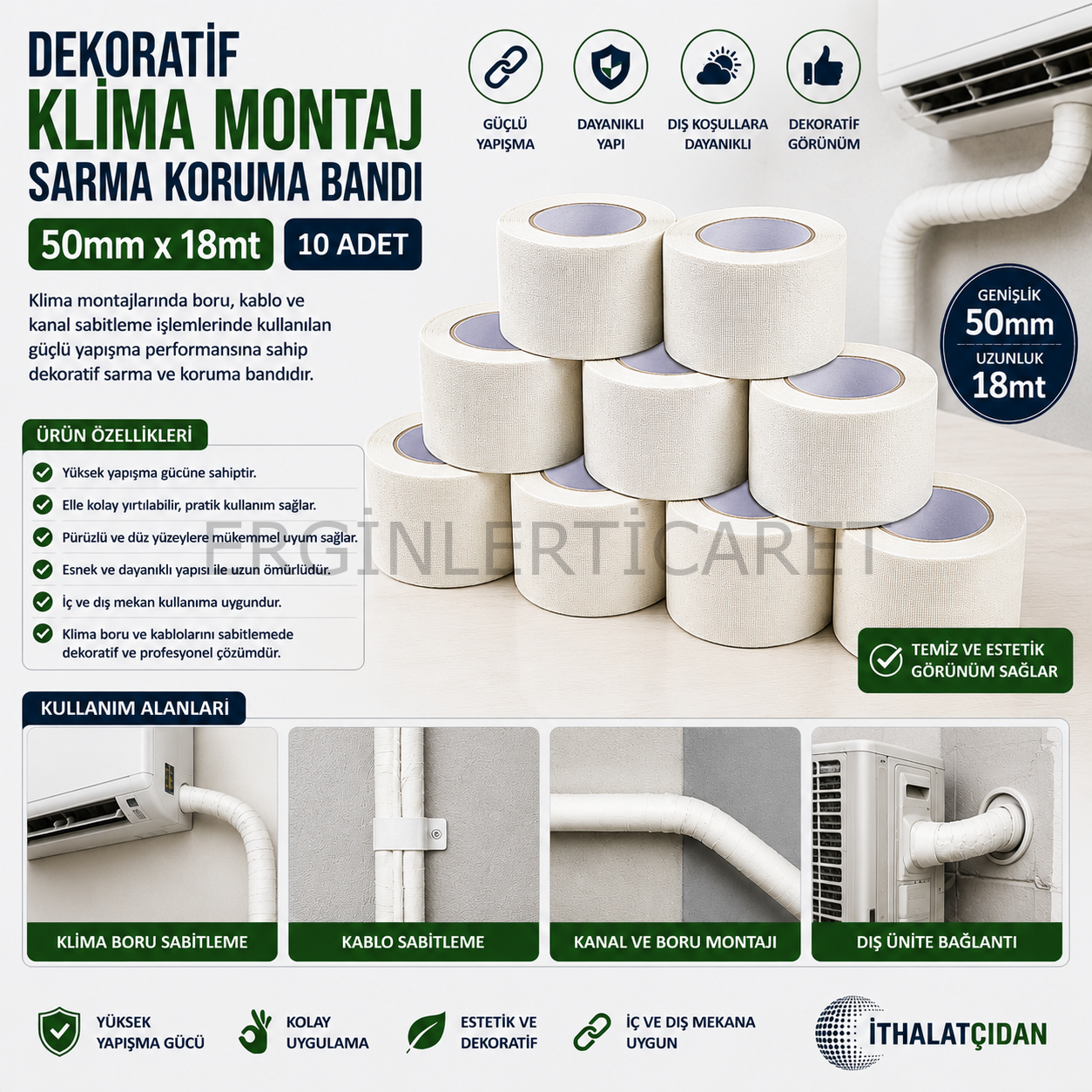 Dekoratif Klima Montaj Sarma Koruma Bandı 50mmx18mt (10 adet)