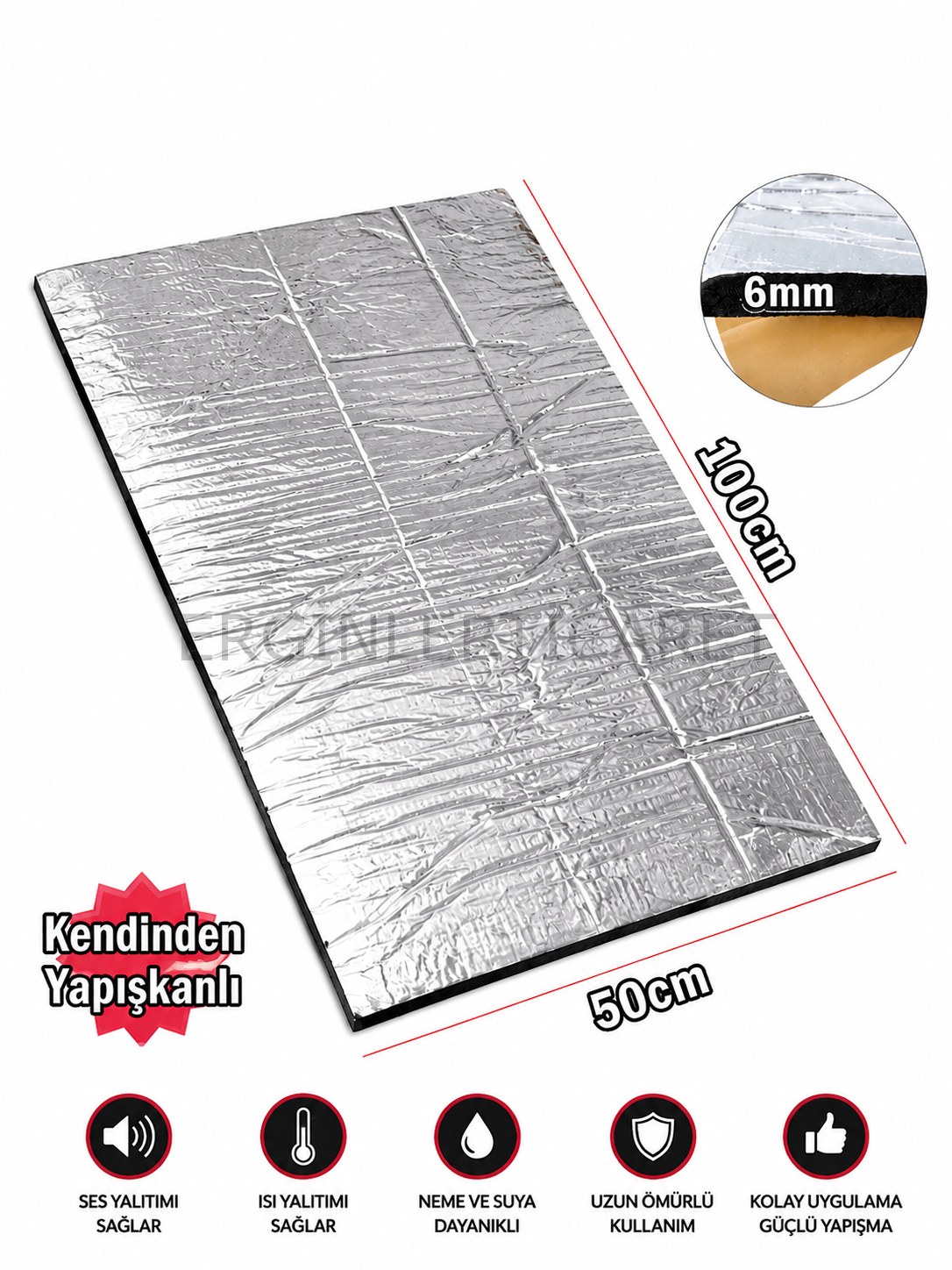 Oto Karavan Ev Ses Akustik 6mm 50cmx100cm (0,50M2) Folyolu Yapışkanlı Kauçuk Yalıtım