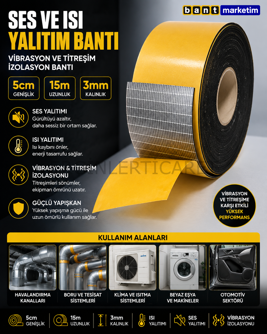 Ses ve Isı Yalıtım Bandı 5cmx15m Vibrasyon ve Titreşim İzolasyon Bandı 3mm kalınlıkta