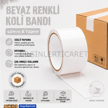 Beyaz Koli Bandı 45mmx100m Renkli Koli Bantı Beyaz Renk Hotmelt Yapışkanlı
