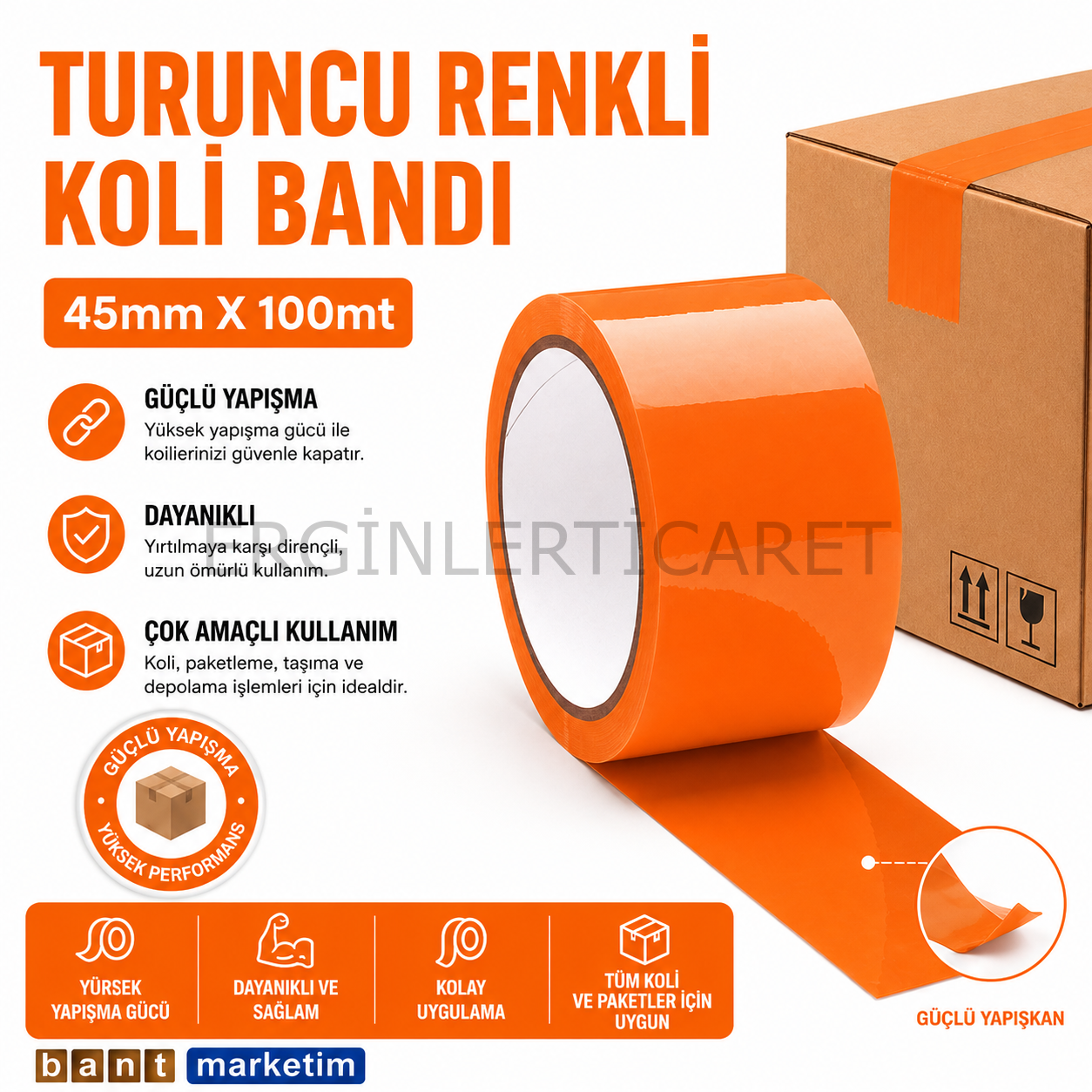 Turuncu Koli Bandı 45mmx100m Renkli Koli Bantı Turuncu Renk Hotmelt Yapışkanlı