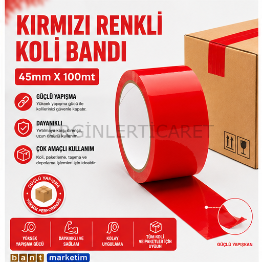 Kırmızı Koli Bandı 45mmx100m Renkli Koli Bantı Kırmızı Renk Hotmelt Yapışkanlı