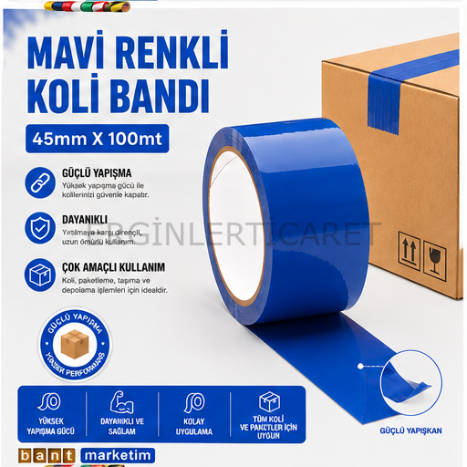 Mavi Koli Bandı 45mmx100m Renkli Koli Bantı Mavi Renk Hotmelt Yapışkanlı