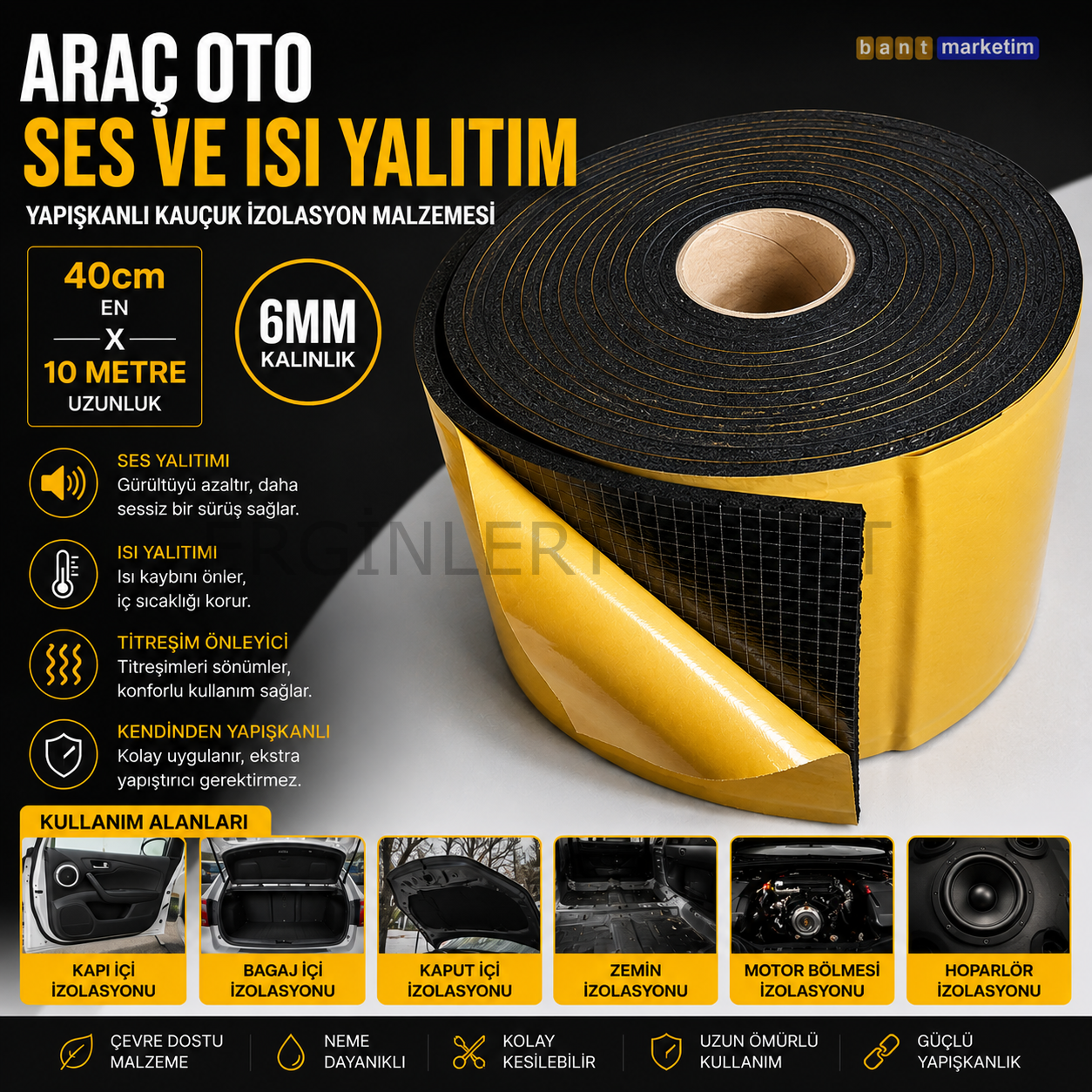 Araç Oto Ses Isı Yalıtım 40cmx10metre 6mm Yapışkanlı Kauçuk İzolasyon Malzemesi