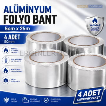 Alüminyum Folyo Bant 50mm x 25m – 4 Adet Isı ve Aleve Dayanıklı Yapışkanlı Folyo Bant