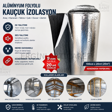 Araç Karavan İzolasyonu Alüminyum Folyolu Kauçuk 9mm 100cmx20Mt (20M2) Yapışkanlı Kauçuk