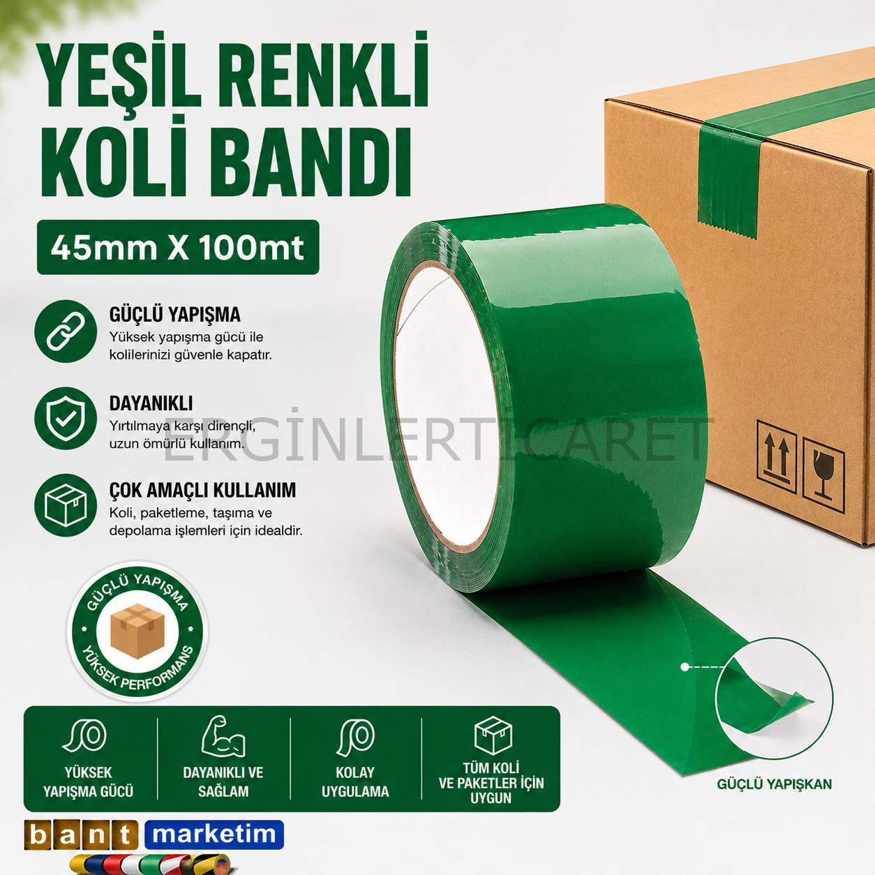 Renkli (Yeşil) Koli Bandı 45x100 Metre 6 Adet