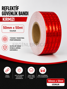 Bal Petekli Reflektif Bant Kırmızı 50mm x 50m Kendinden Yapışkanlı Reflektör Şerit Uyarı Bandı