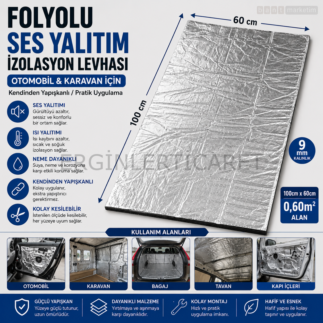 9mm Folyolu Kendinden Yapışkanlı Araç Ses Isı Yalıtım Malzemesi 60x100cm 0,60m² Karavan İzolasyonu