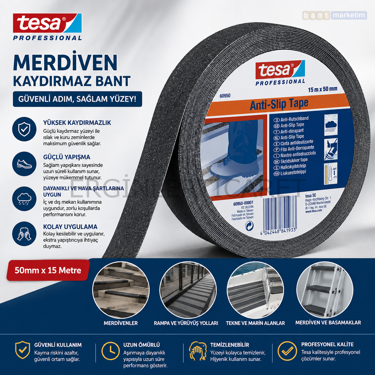 Tesa Merdiven Kaydırmaz Bant Siyah 50mm x 15 Metre Anti Slip Zemin ve Basamak Kaymaz Bant
