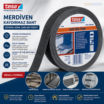 Tesa Merdiven Kaydırmaz Bant Siyah 50mm x 15 Metre Anti Slip Zemin ve Basamak Kaymaz Bant