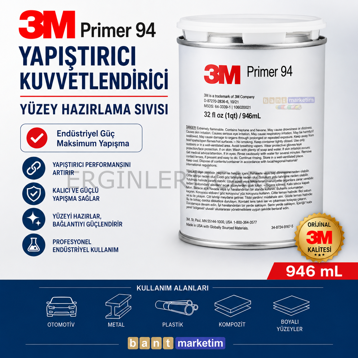3M Primer 94 Yüzey Hazırlama Sıvısı Yapıştırıcı Güçlendirici 946 ml