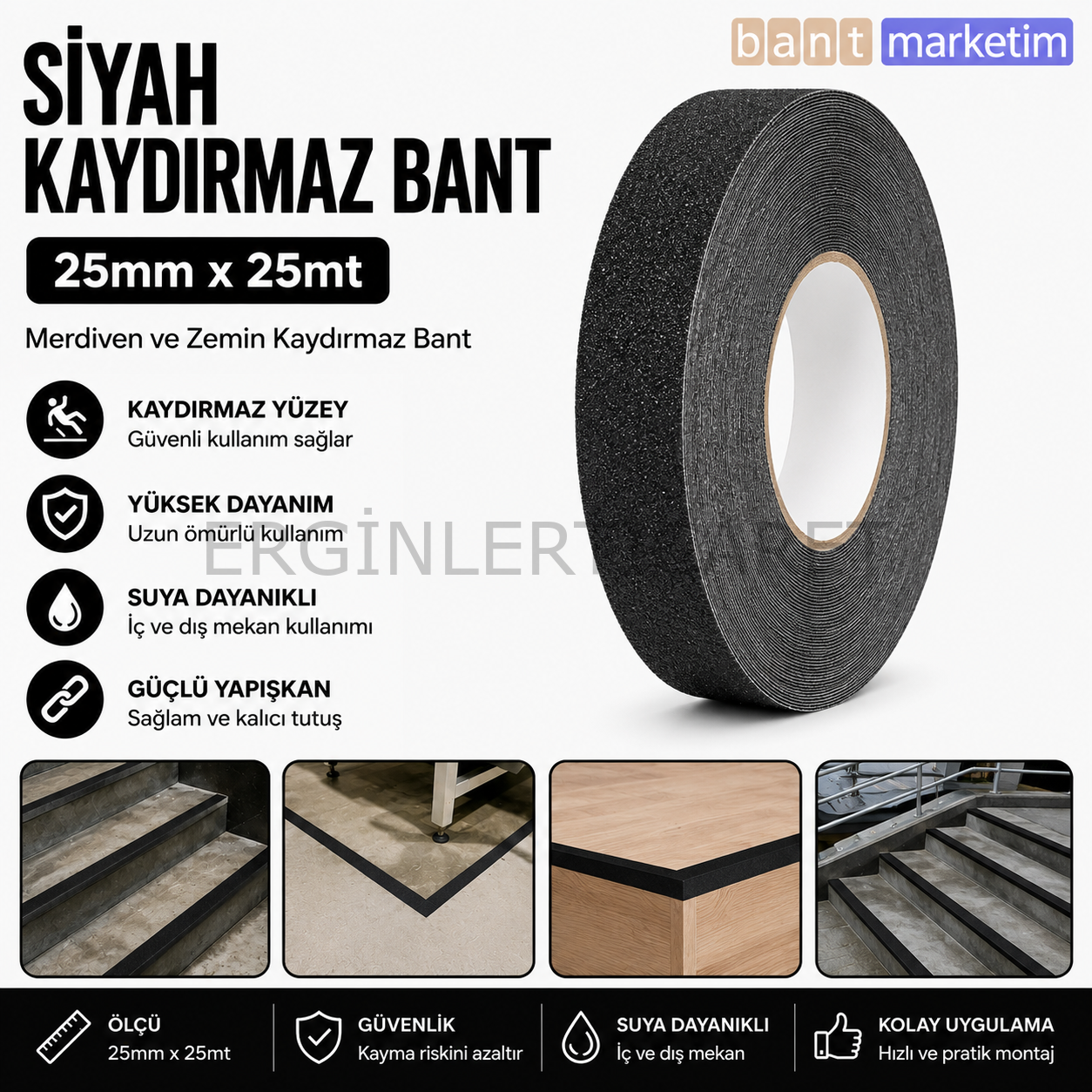 Siyah Merdiven ve Zemin Kaydırmaz Bant 25mm x 25mt – Kaymaz Antislip Bant