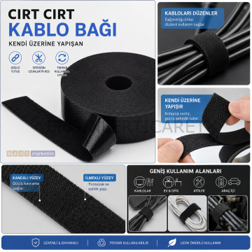 Cırt Cırt Kablo Bağı Kablo Sabitleme Bandı – Kendinden Yapışkanlı Kablo Düzenleyici 19mm x 5mt