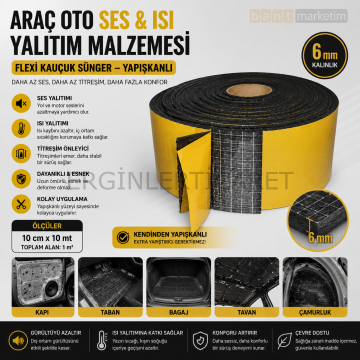 Araç Oto Ses Isı Yalıtım Malzemesi Flexi Kauçuk Sünger Yapışkanlı 6mm Kalın 10cmx10mt