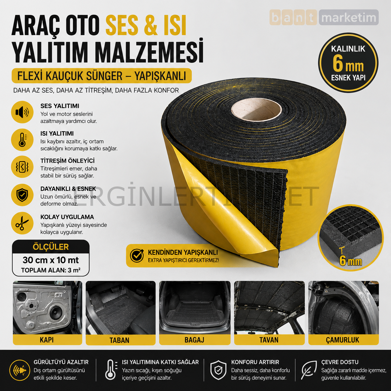 Araç Oto Ses Isı Yalıtım Malzemesi Flexi Kauçuk Sünger Yapışkanlı 6mm Kalın 30cmx10mt