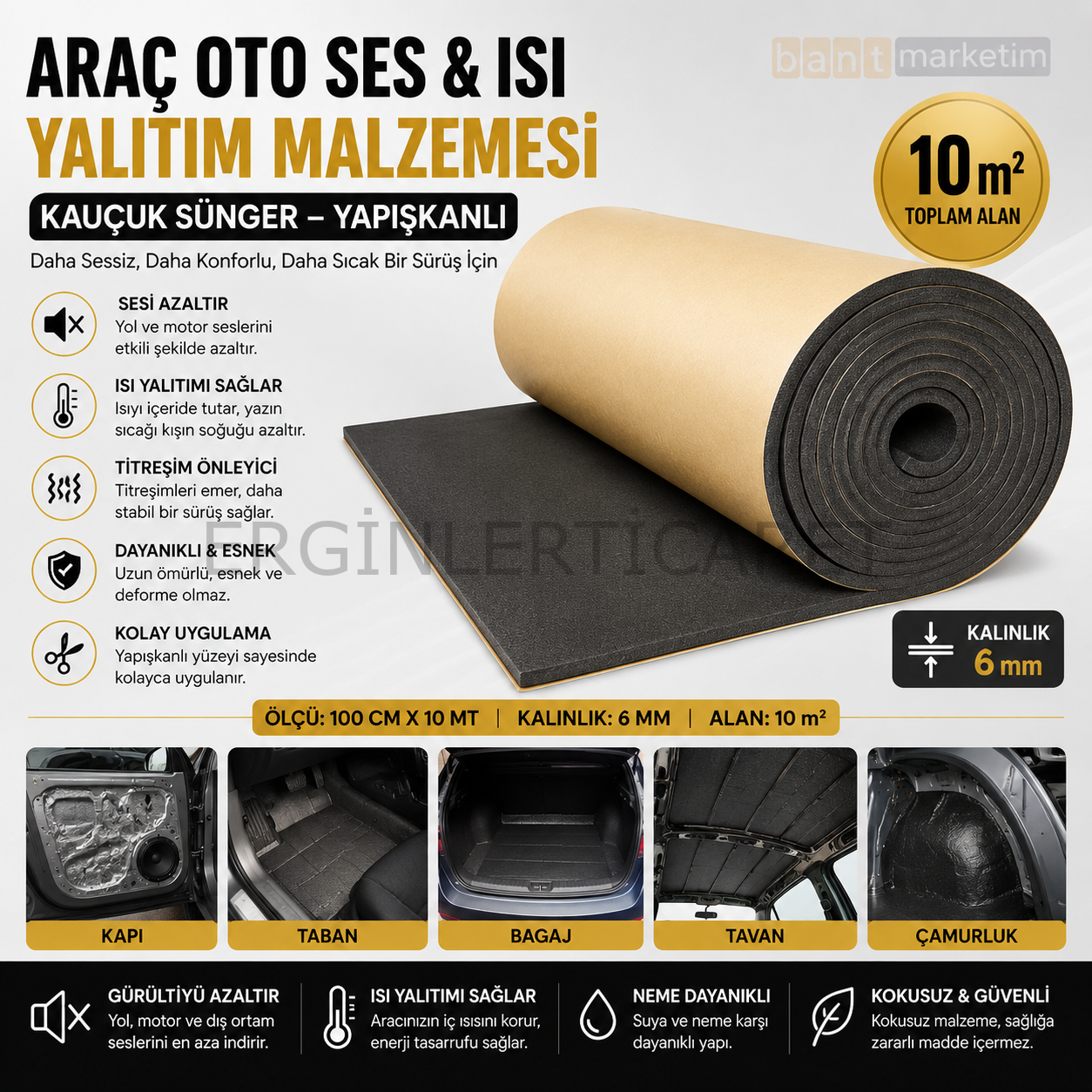Araç Oto Ses Isı Yalıtım Malzemesi 10m² Kauçuk Sünger Yapışkanlı 6mm Kalın 100cmx10mt