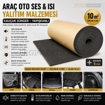 Araç Oto Ses Isı Yalıtım Malzemesi 10m² Kauçuk Sünger Yapışkanlı 6mm Kalın 100cmx10mt