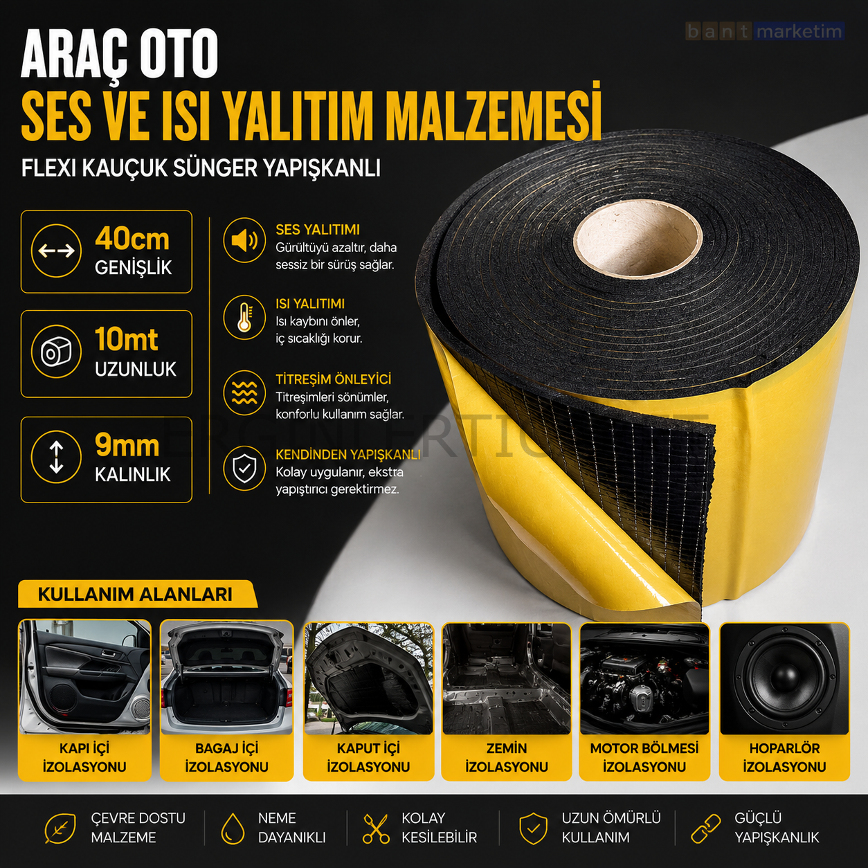 Araç Oto Ses Isı Yalıtım Malzemesi Flexi Kauçuk Sünger Yapışkanlı 9mm Kalın 40cmx10mt