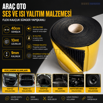 Araç Oto Ses Isı Yalıtım Malzemesi Flexi Kauçuk Sünger Yapışkanlı 9mm Kalın 40cmx10mt