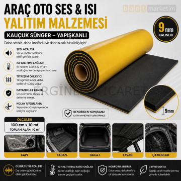 Araç Oto Ses Isı Yalıtım Malzemesi 10m² Kauçuk Sünger Yapışkanlı 9mm Kalın 100cmx10mt
