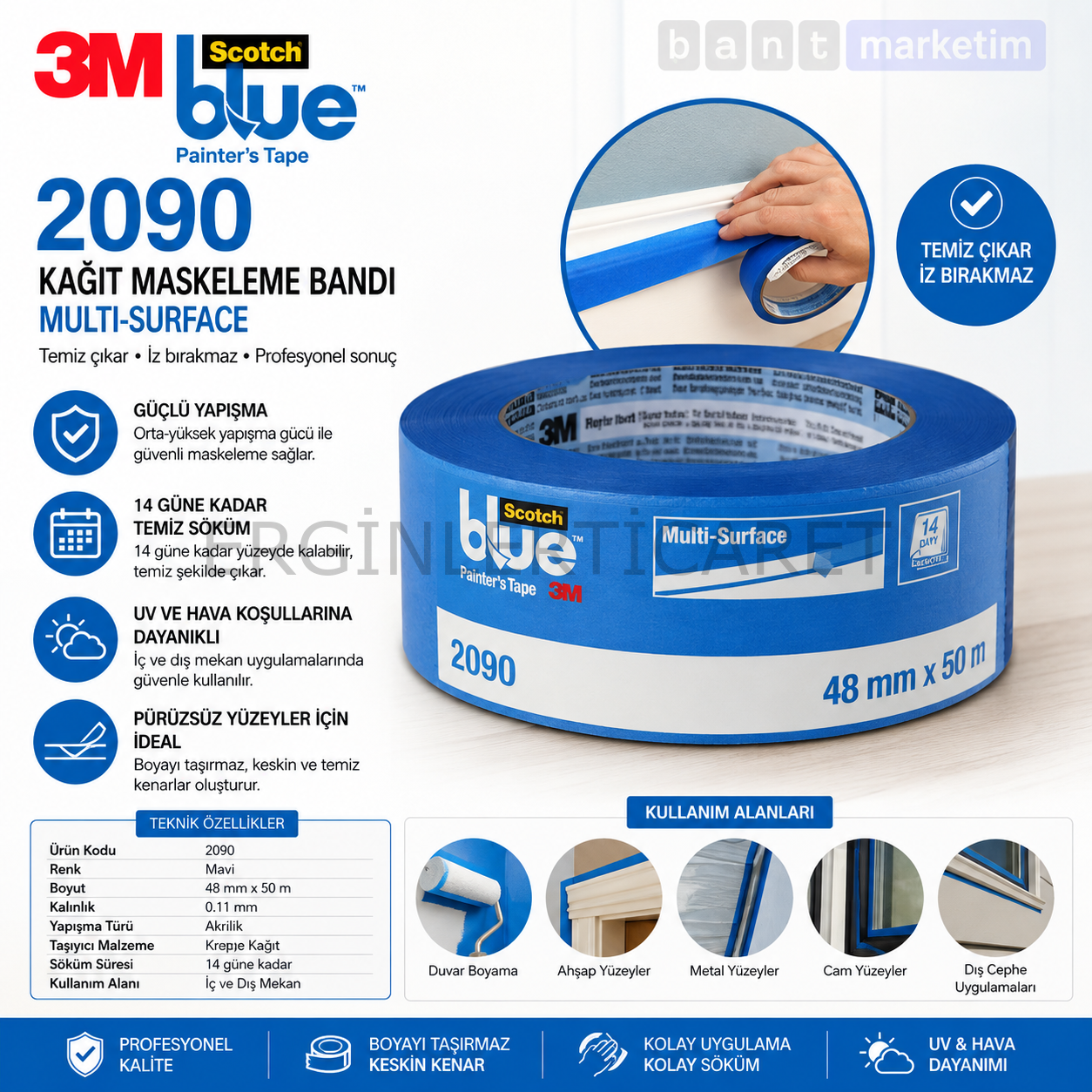 3M 2090 ScotchBlue Mavi Maskeleme Bandı 48mm X 54,80m Profesyonel Boya Bandı