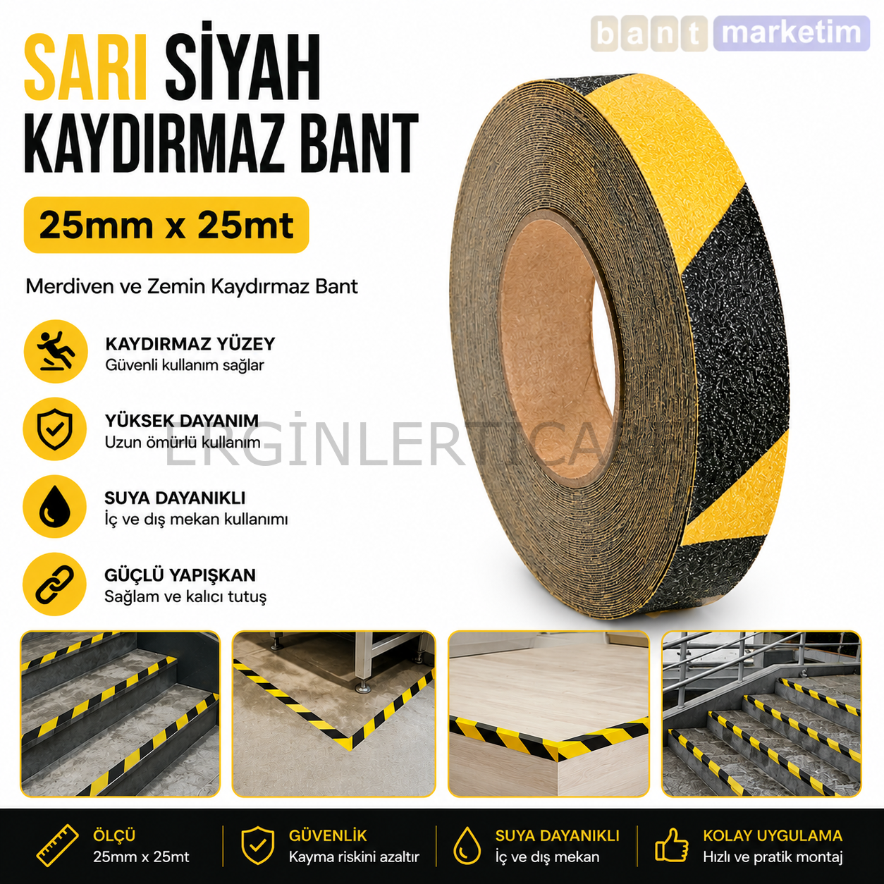 Sarı Siyah Merdiven ve Zemin Kaydırmaz Bant 25mm x 25mt – Kaymaz Antislip Bant