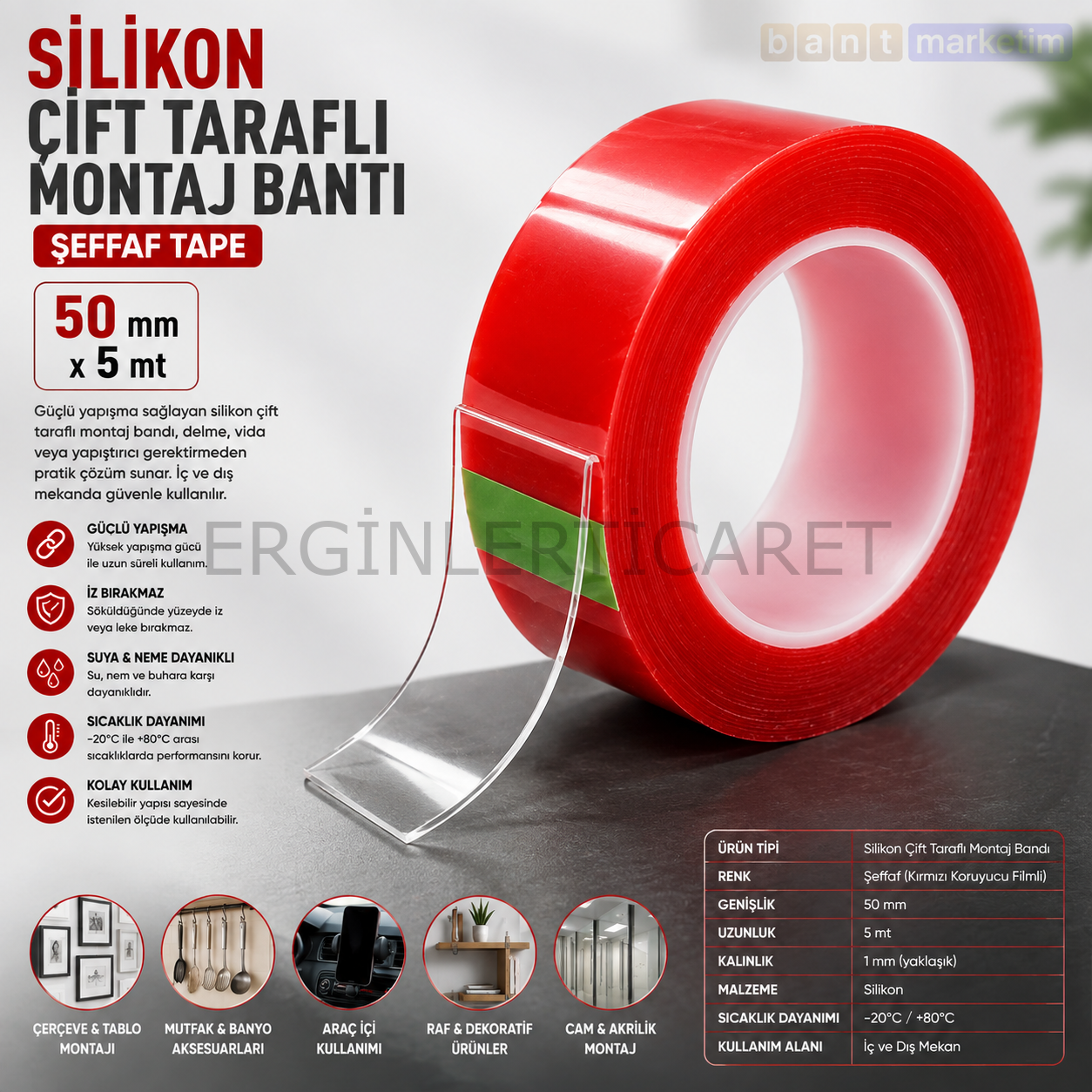 Silikon Çift Taraflı Montaj Bandı Şeffaf 50 mm x 5 Metre – Güçlü Yapışkanlı Tape