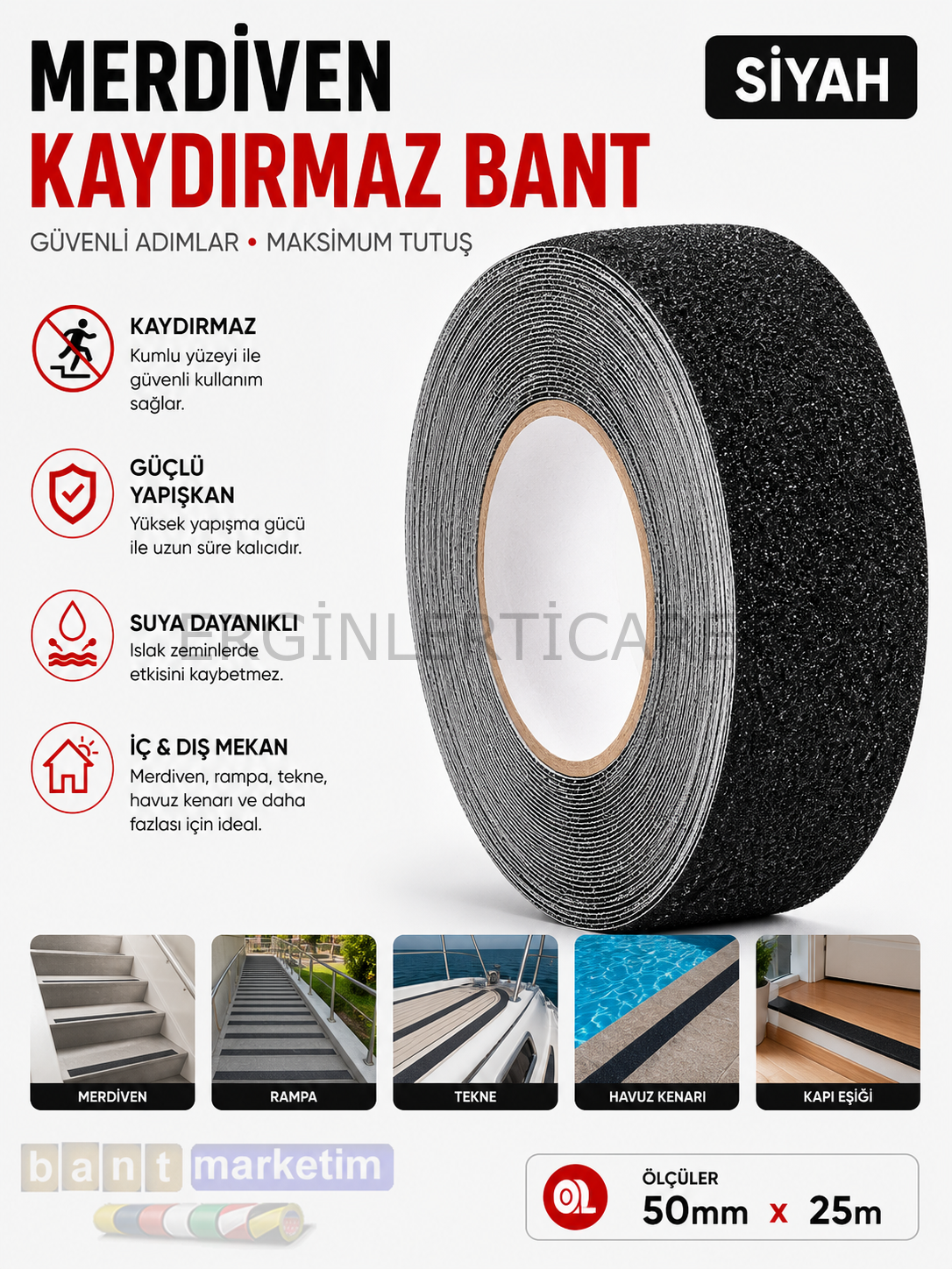 Merdiven Ve Zemin Kaydırmaz Kaymaz Bant 50mm X 25mt Siyah