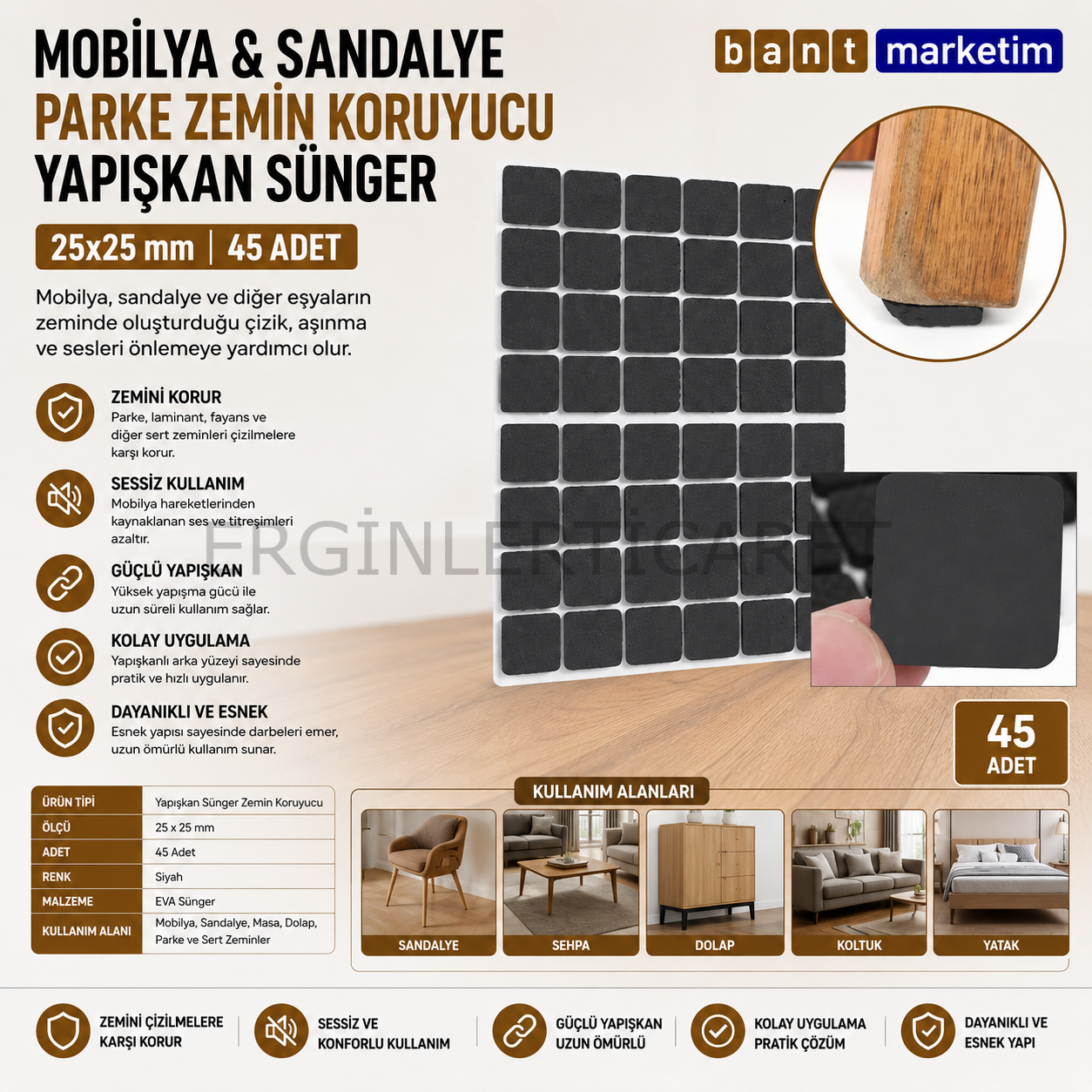 Mobilya Sandalye Parke Zemin Koruyucu Yapışkanlı Sünger 25x25 mm – 45 Adet Siyah