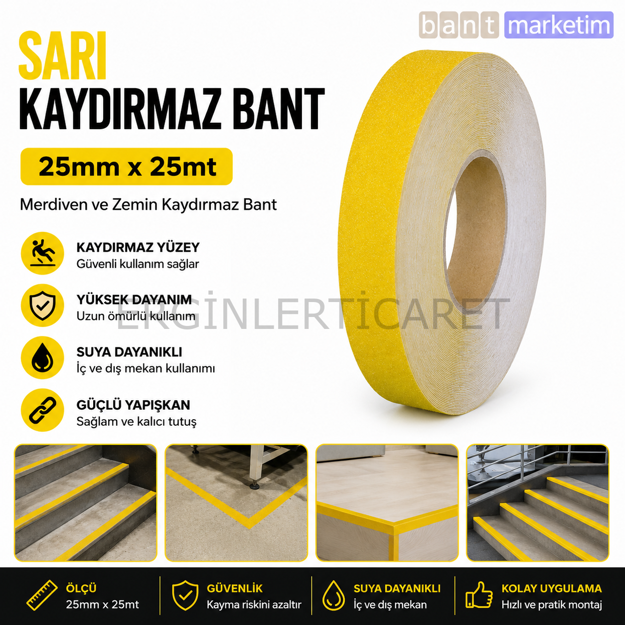 Sarı Merdiven ve Zemin Kaydırmaz Bant 25mm x 25mt – Kaymaz Antislip Bant