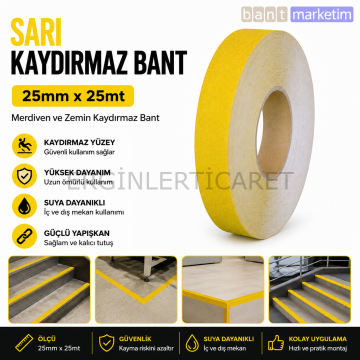 Sarı Merdiven ve Zemin Kaydırmaz Bant 25mm x 25mt – Kaymaz Antislip Bant
