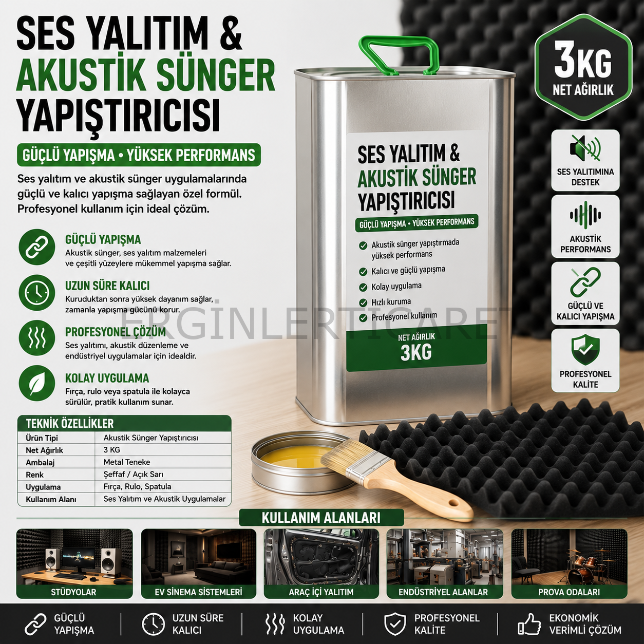 Ses Yalıtım ve Akustik Sünger Yapıştırıcısı 3 kg – Güçlü Yapışkanlı Akustik Sünger Tutkalı