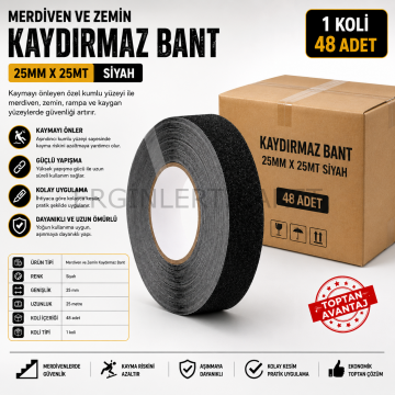 Merdiven ve Zemin Kaydırmaz Bant 25 mm x 25 Metre Siyah – 48 Adet 1 Koli