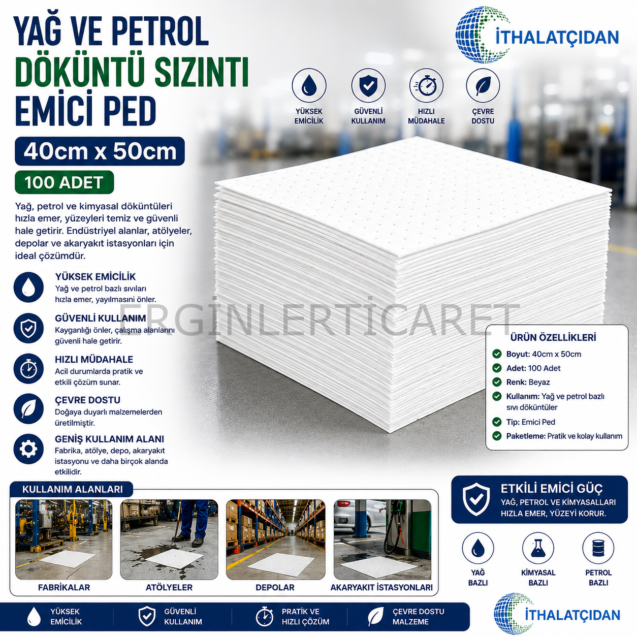 Yağ Ve Petrol Döküntü Sızıntı Emici Ped 40cmx50cm 100 Adet