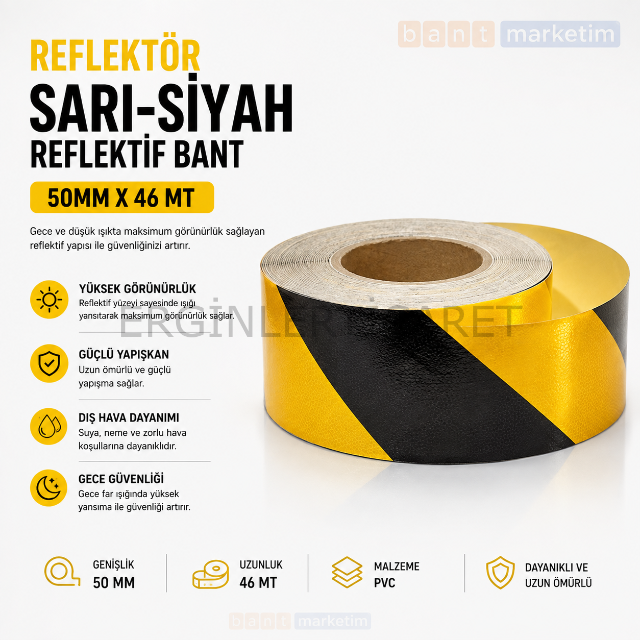 Sarı Siyah Reflektif Bant 50mm x 46mt Reflektör İkaz Şeridi Kendinden Yapışkanlı