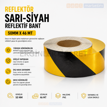 Sarı Siyah Reflektif Bant 50mm x 46mt Reflektör İkaz Şeridi Kendinden Yapışkanlı