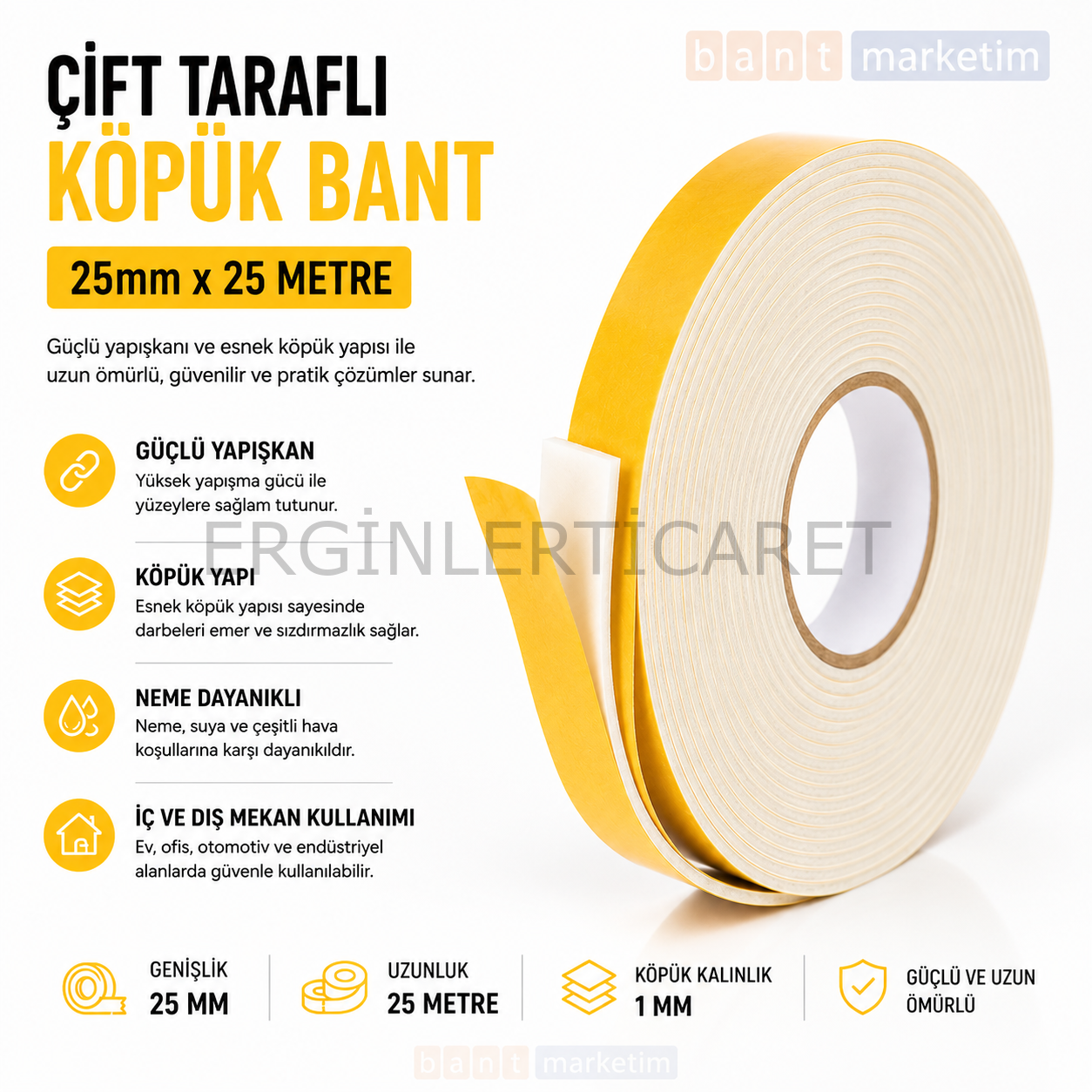 Çift Taraflı Köpük Bant 25mm x 25 Metre Yapışkanlı Sünger Bant Montaj Sabitleme İzolasyon Bandı