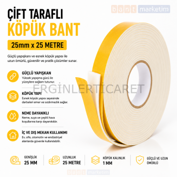Çift Taraflı Köpük Bant 25mm x 25 Metre Yapışkanlı Sünger Bant Montaj Sabitleme İzolasyon Bandı