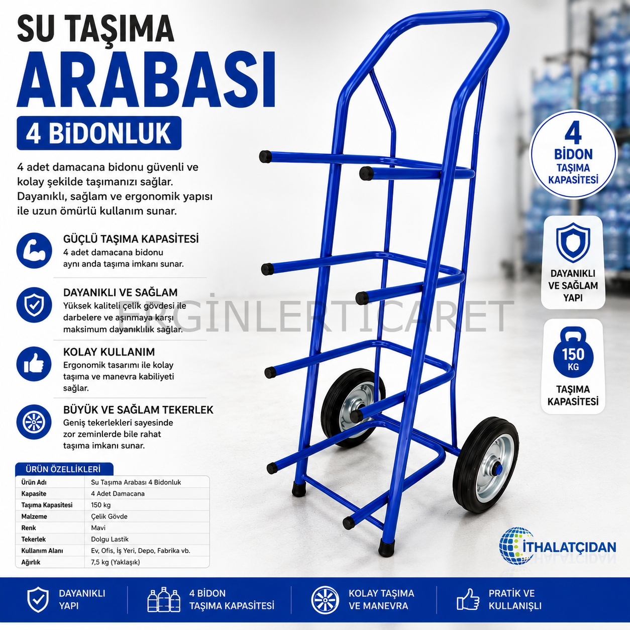 Su Taşıma Arabası 4 Bidonluk Damacana Taşıma Arabası Çelik Gövde
