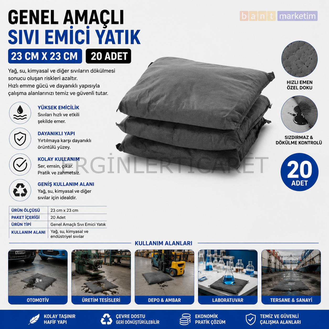 Genel Amaçlı Sıvı Emici Yatık 23 cm x 23 cm 20 Adet