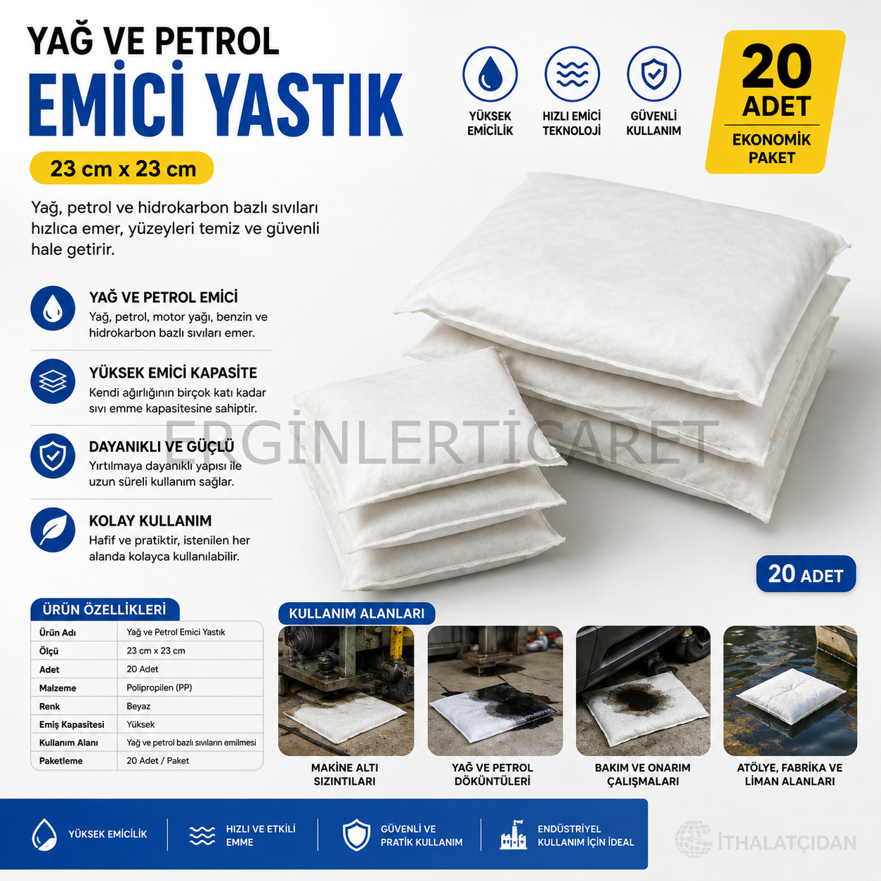 Yağ Ve Petrol Emici Yastık 23 cm x 23 cm 20 Adet