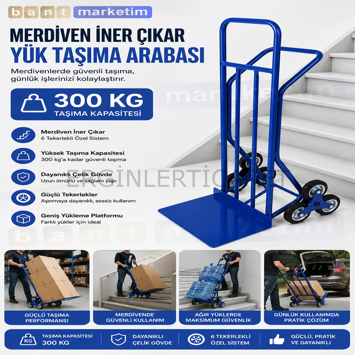 300 Kg Merdiven İner Çıkar Koli Taşıma Arabası 6 Tekerlekli Ağır Yük El Arabası