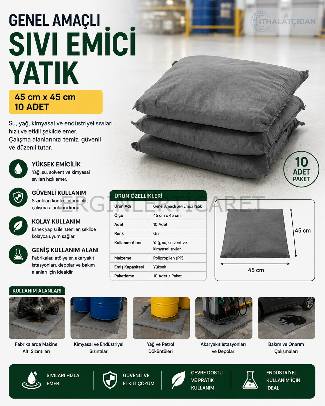 Genel Amaçlı Sıvı Emici Yatık 45 cmx45 cm 10 Adet