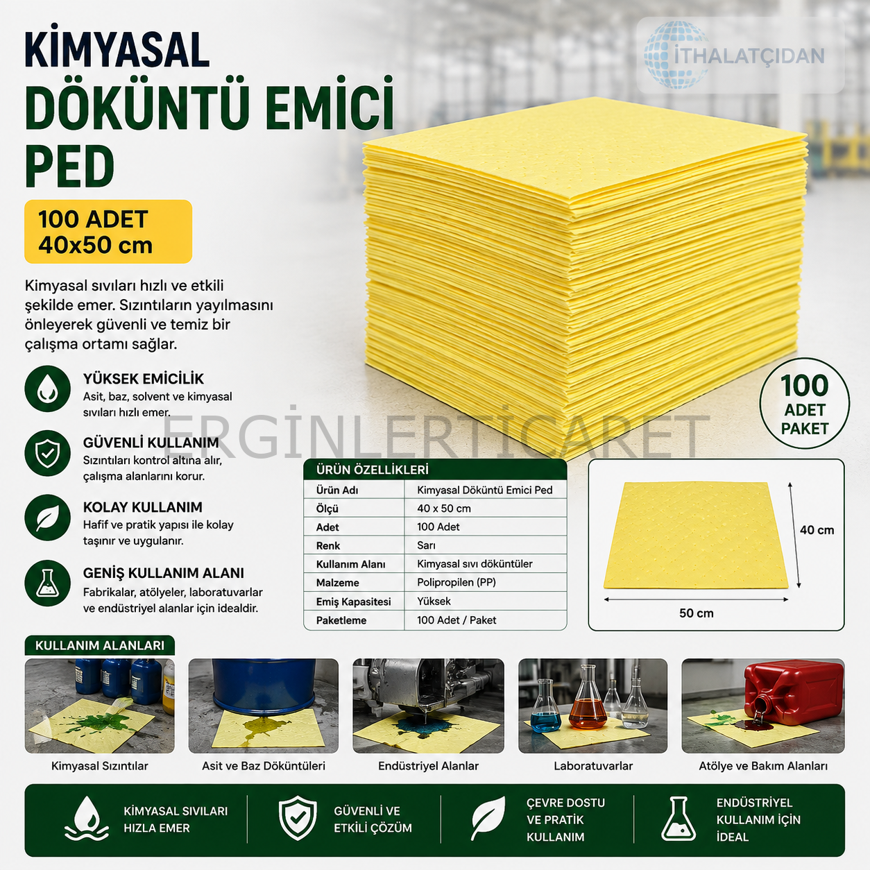 Kimyasal Döküntü Emici Ped 100 Adet 40x50cm